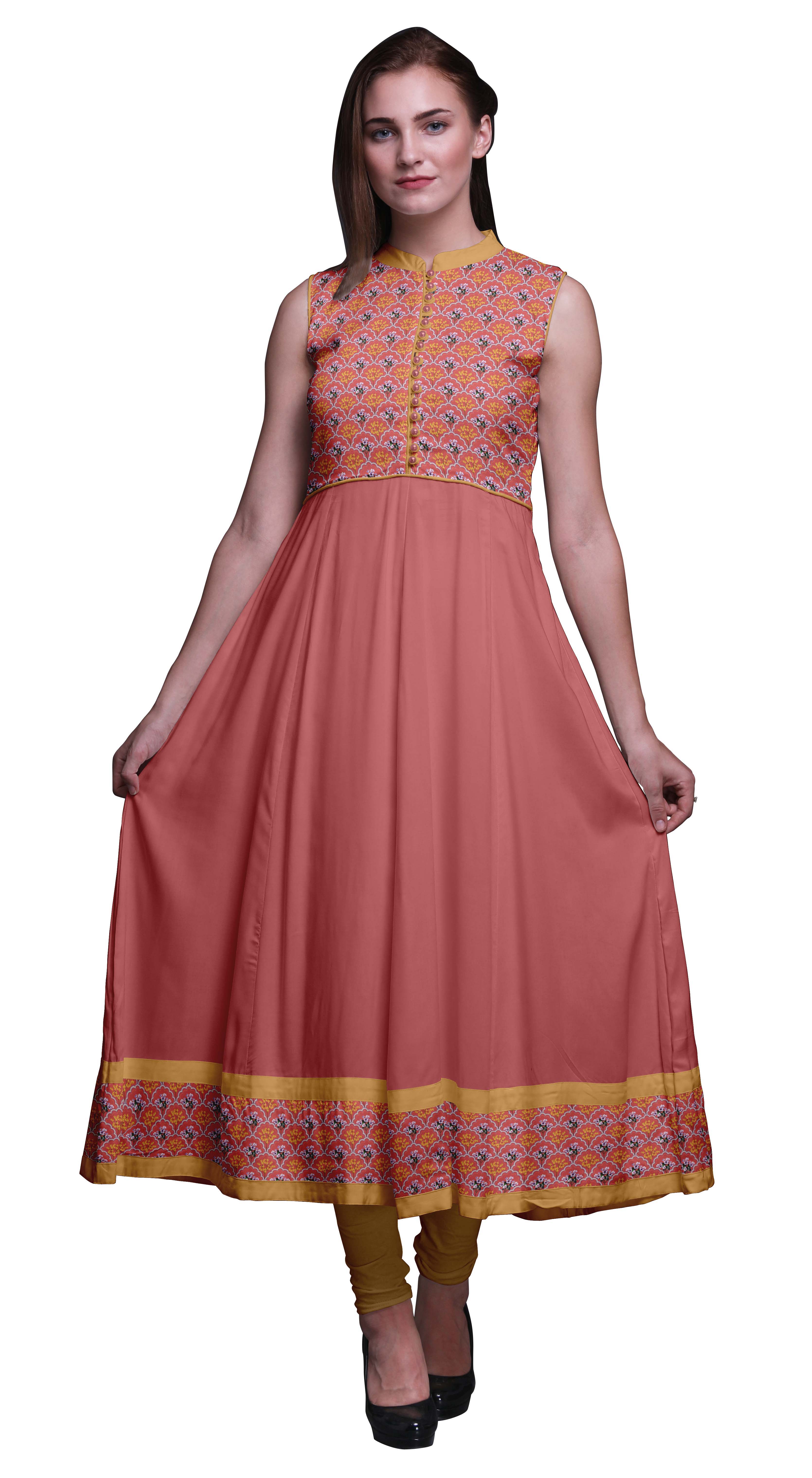 Bimba Kurtis Indiennes en Damas Pêche Foncée pour Femmes, Anarkali Prête à Porter Unie, Robe Imprimée Kurti Indienne Grande