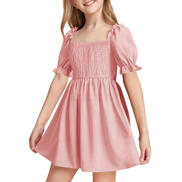 Robe Fillette Manches Bouffantes Robes d'Été Robe Trapèze Robe Smockée pour Filles Robe de Fête pour Filles