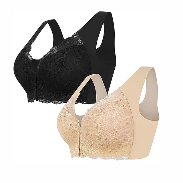 Tumotour 2PC Front Closure Bra for Women No Underwire Comfort Lace Wide Shoulder Strap Bra Full Coverage Seamless Soft Convenient Front Button Bras for Senior Everyday Life Sleep Walking Work