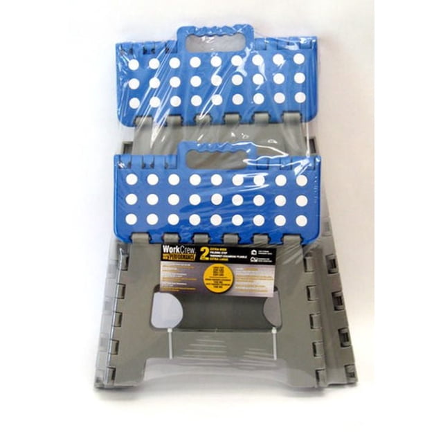 WorkCrew high-performance foldable step stools pack of 2 with extra-large blue tops featuring white circular grips and gray durable plastic legs, supporting up to 330 lbs, ideal for ladders and scaffolding tasks in home improvement.