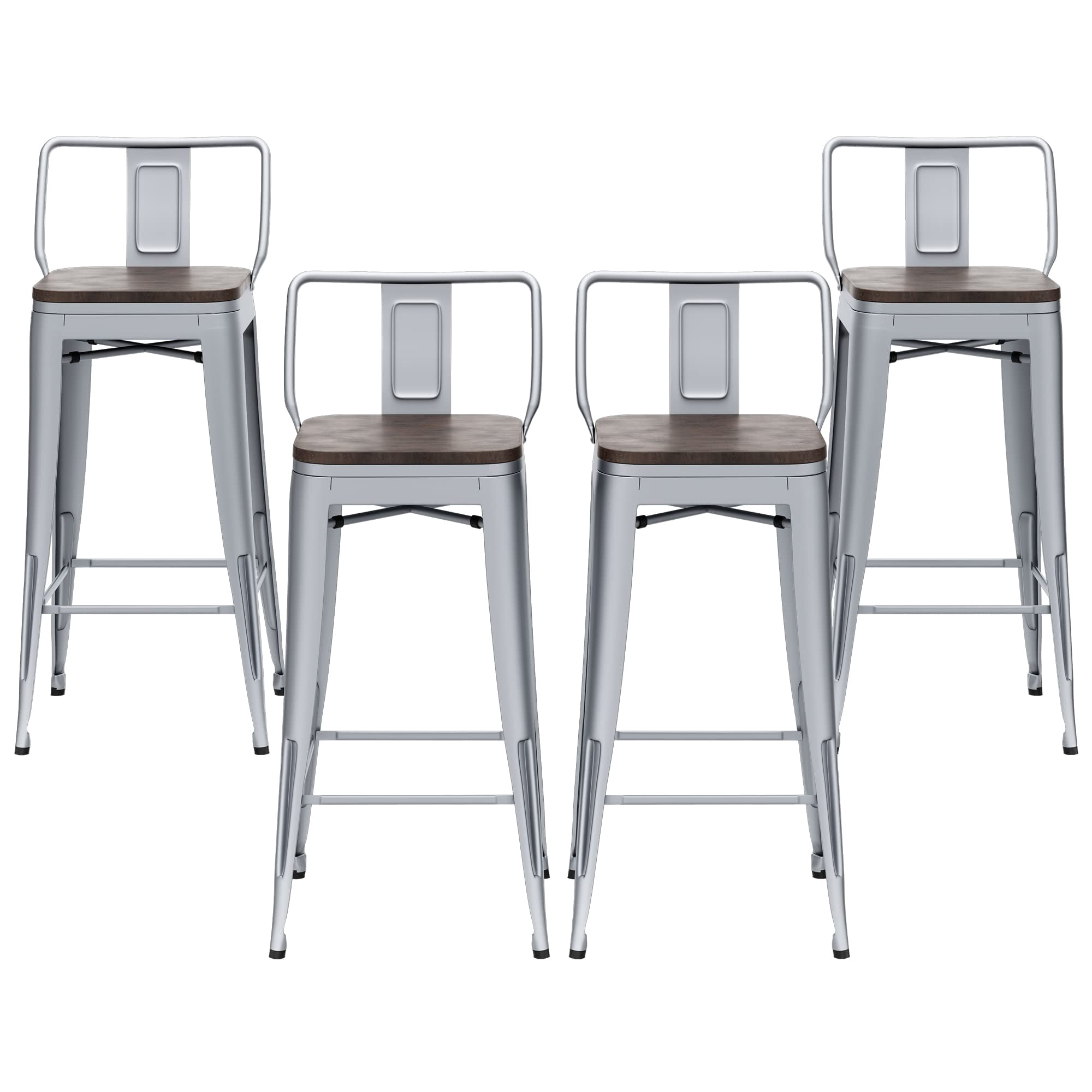 HAOBO Home 30" Low Back Metal Counter Bar Stools Height Barstools with Wooden Seat [Set of 4] Bar Chairs, Silver