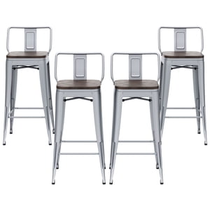 HAOBO Home 30" Low Back Metal Counter Bar Stools Height Barstools with Wooden Seat [Set of 4] Bar Chairs, Silver