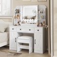 thumbnail image 3 of VEANERWOOD Makeup Vanity Set with Mirror and Lights USB Charging Station, Vanity Makeup Table with 3 Large Drawers and 2 Cabinets, Time and Temperature Display, 3 of 9