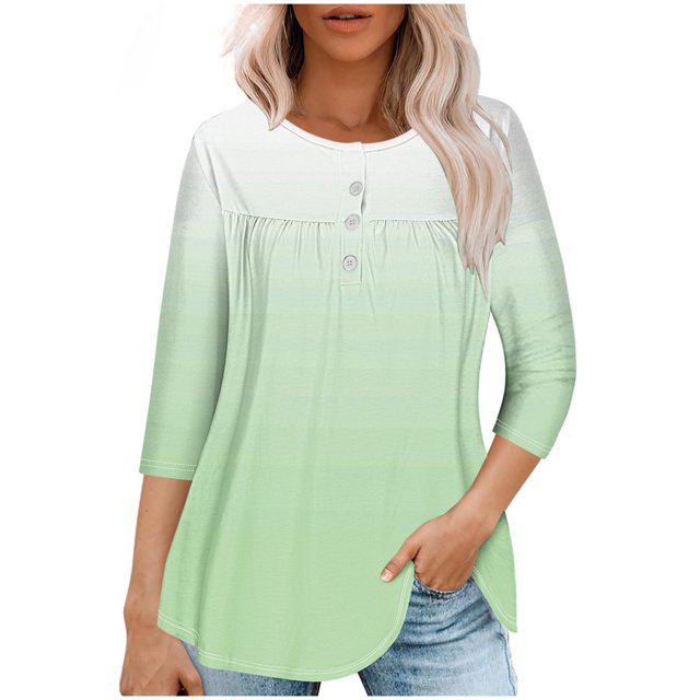 Pisexur Womens Plus Size Sweatshirt Gradients 3/4 Length Sleeve Tops Fall V-Neck Blouses Spring Ruffle Sleeve Tunic T-Shirts Dressy Casual