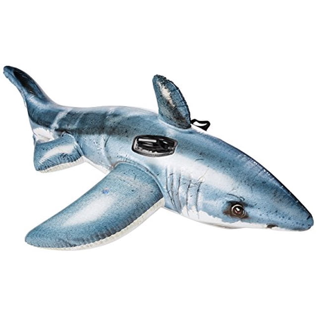 GREAT WHITE SHRK RD inflatable pool ride-on shaped like a realistic great white shark with blue and white colouring, featuring heavy-duty grab handles on the sides and dorsal fin, measuring approximately 68 by 42 inches, suitable for outdoor pool games and ages 3 and up.