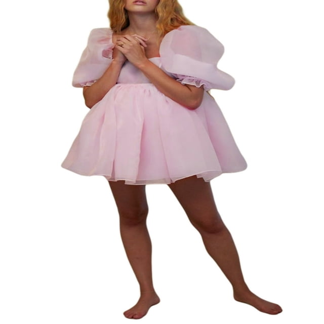 Women Puffy Tulle Mini Dress Square Neck Bubble Sleeve French Princess Fairy Dress Romantic Ruffle Mesh Short Dresses