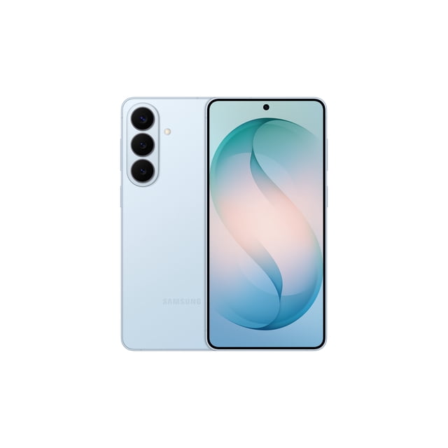 Samsung Galaxy S26+ 512GB unlocked phone in light blue shown front and back with triple rear cameras and LED flash, featuring a centered punch-hole front camera on an ultra-vivid display optimized for immersive viewing, AI-enhanced photo assist, creative studio, and gaming performance.
