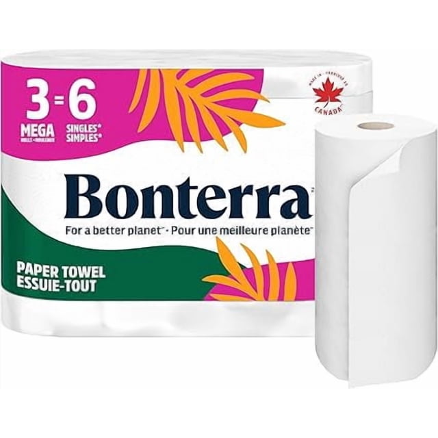Bonterra Responsibly Sourced Paper Towel, Strong, Absorbent, and Plastic-Free, 3 Mega Rolls = 6 Single Rolls
