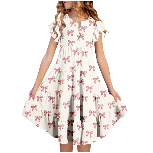 LOVZFMLL Robe d'Été à Imprimé Floral pour Filles, Manches Courtes, Volants, Poches, Col Rond, Imprimée, pour Enfants