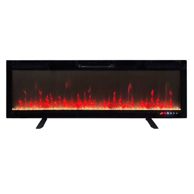 ActiveFlame Mirage 2 Electric Fireplace, 60IN, front view of a black rectangular electric fireplace insert with glowing red flames and ember bed, featuring adjustable brightness controls and indicator lights on the lower right, supported by two black legs.
