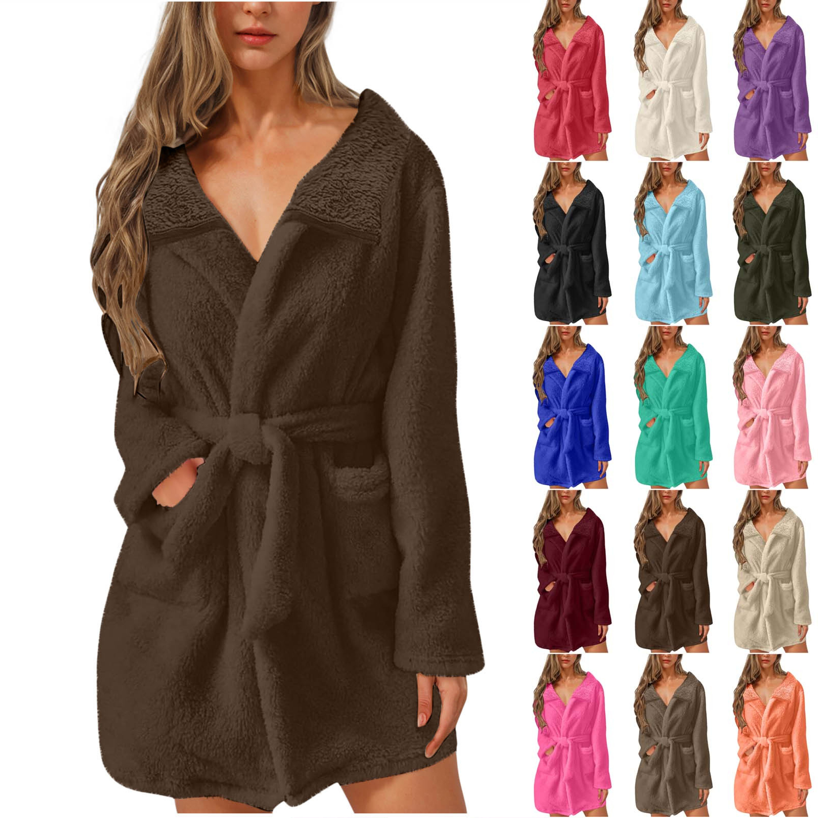 Women's Short Fuzzy Fleece Robe Open Front Lapel Wrap Tie Belt Bathrobe with Side Pocket Warm Cozy Winter Loungewear Nightgown Brown S