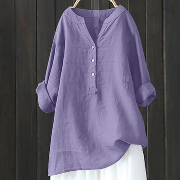 Long Sleeve Shirts For Women Summer Trendy Cotton Linen Tunic Shirts Loose Comfy V Neck Solid Blouses Ladies Casual Tops