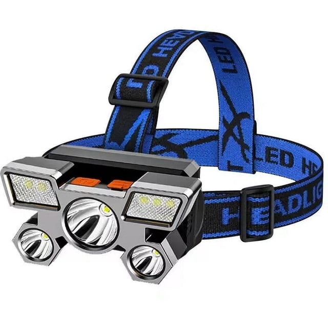 Graflsoa USB Rechargeable LED Headlamp with 5 Bright Lights, Adjustable Brightness for Outdoor Activities, Waterproof ABS Material, 18650 Battery, 1000m Range, Blue