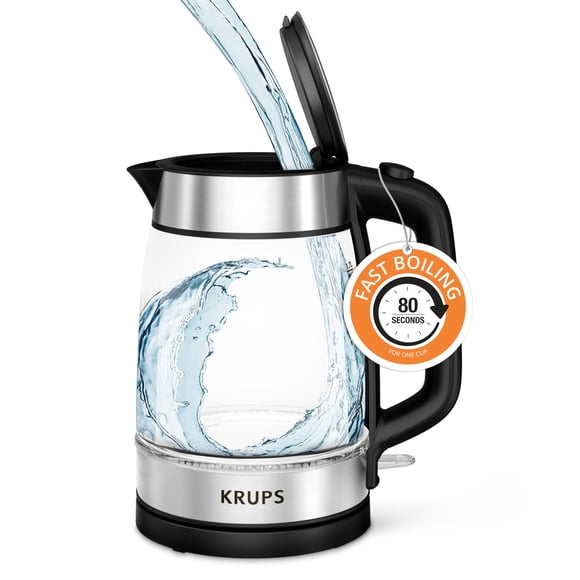 KRUPS Bouilloire Électrique en Verre 1,7 L : Ébullition Rapide 1500 W avec Indicateur DEL, Filtre Anti-Écaillement, Arrêt Automatique et Conception Sans Fil - Faire Bouillir 1 Tasse en 80 s
