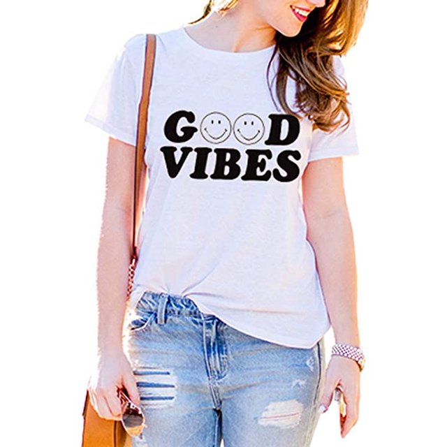 YourTops T-Shirt g??d Vibes pour Femmes T-Shirt Good Vibes (US L, 3-Blanc)