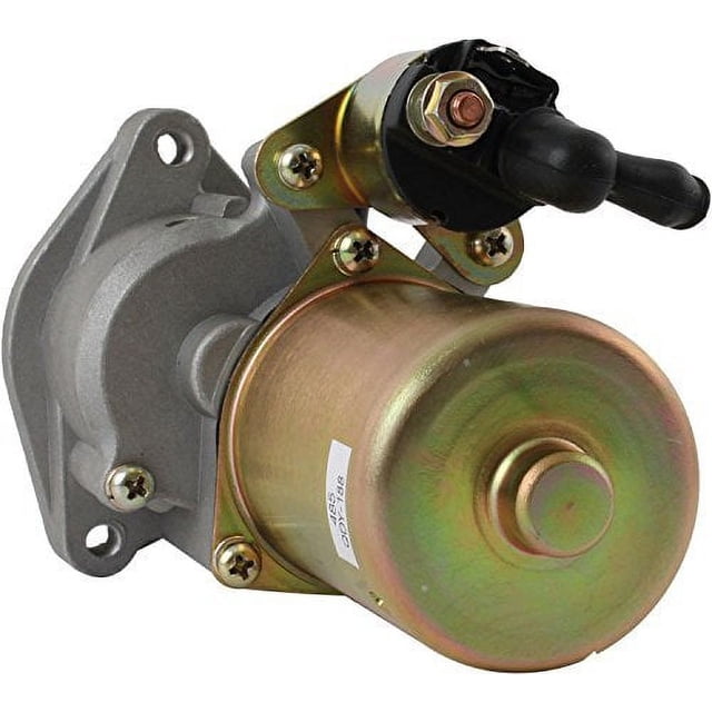 Lumix GC Electric Starter for Honda EB5000X EM5000S EM5000SX EM5000X EW171 Generators front-facing close-up of starter assembly with cylindrical motor housing, mounting flange with three bolt holes, exposed copper terminal posts and black connector harness; stamped part number on matte metal gearbox, isolated on white background, suitable as a replacement starter for compatible portable Honda generators.