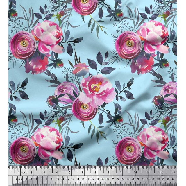 Soimoi Tissu en Soie Verte Ranunculus & Penoy Imprimé Floral au Mètre 42 Pouces de Large