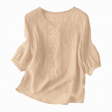 WUANDIXFA Women Y2K Long Sleeve Linen Shirts for Women Retro Embroidery Summer Loose 3/4 Sleeve Tshirts Tunic Tops Casual Blouses Boho Clothes Beige,L