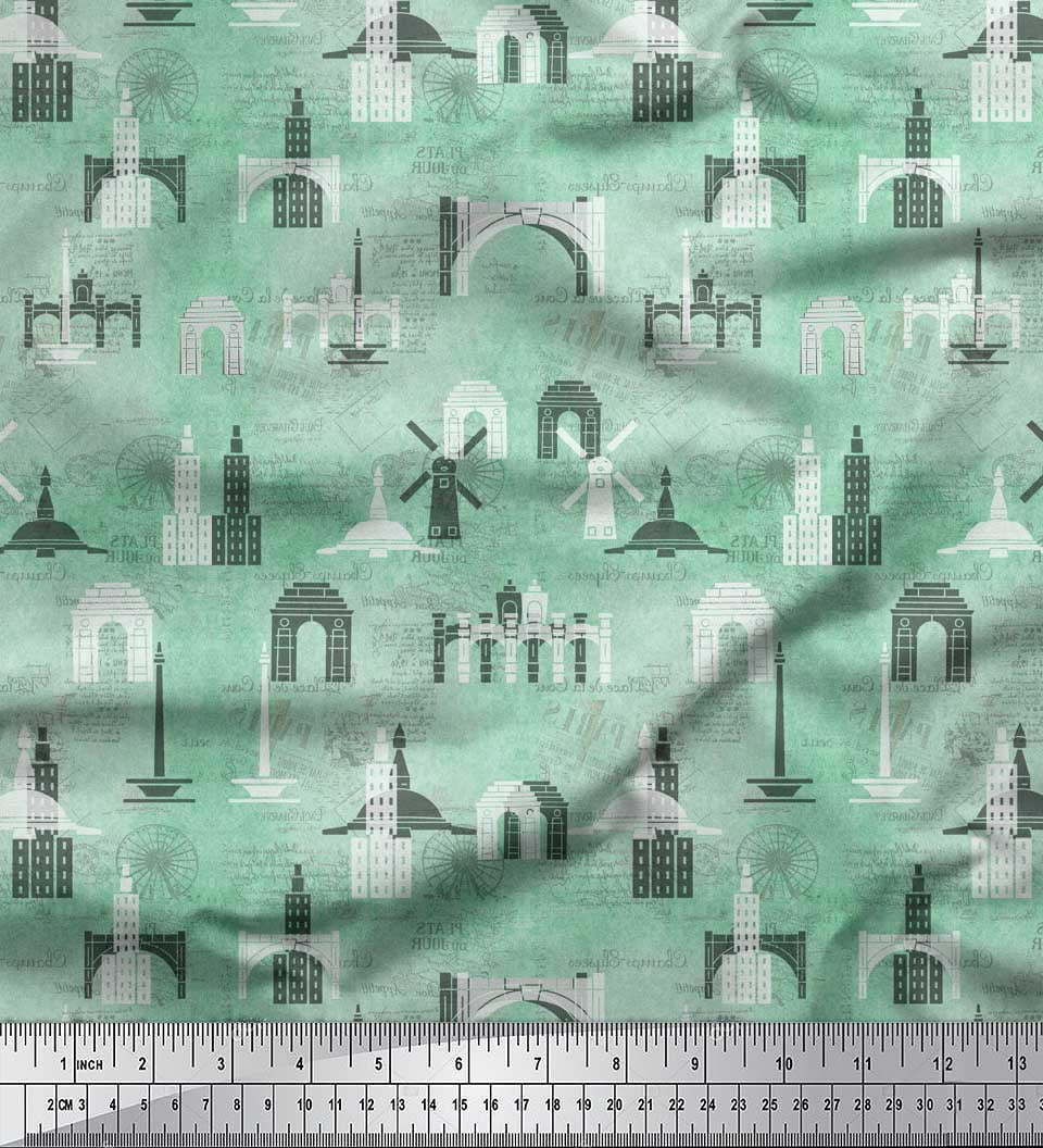 Soimoi Green Japan Crepe Satin Fabric Text & Monuments Architectural Fabric Prints By Yard 42 Inch Wide