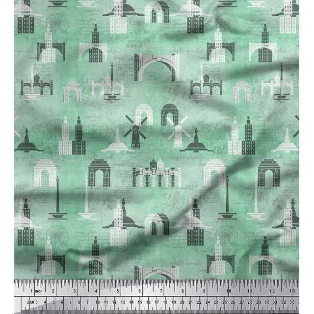 Soimoi Green Rayon Fabric Text & Monuments Architectural Decor Fabric Printed Yard 56 Inch Wide