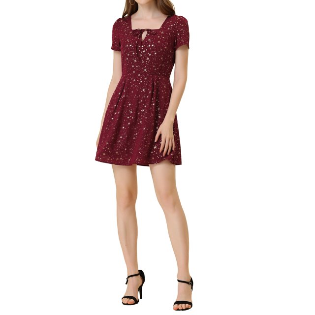INSPIRE CHIC Women's Printed Square Neck Short Sleeve A-Line Prom Dress S Burgundy-Stars