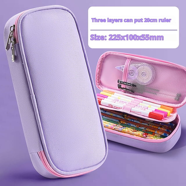 Boovnll Pencil Pouch, Purecolor Large Capacity Pencil Case in a lavender shade with pink accents, featuring a durable fabric exterior and a sturdy zipper. The multifunctional design includes three layers for organized storage, accommodating items like a 20cm ruler, pens, markers, and other stationery. The interior showcases mesh pockets and elastic loops for efficient organization. Suitable for students, writers, or artists, this pencil case doubles as a makeup bag, travel pouch, or accessory organizer.