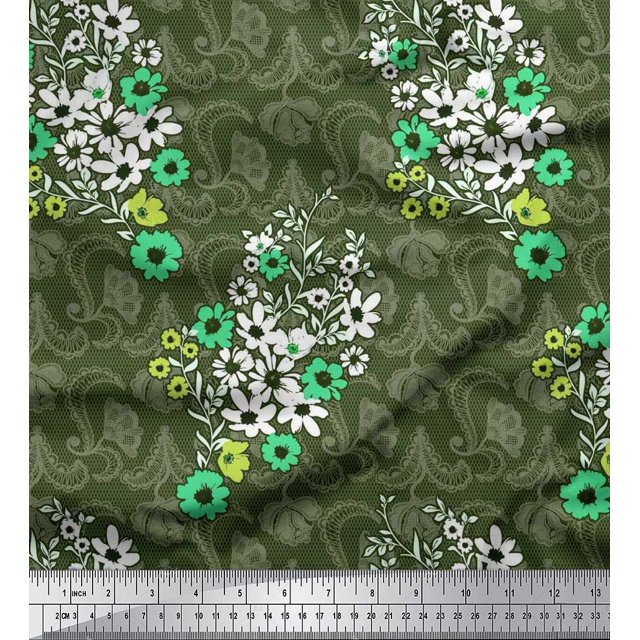 Soimoi Tissu Imprimé Floral à Carreaux, Feuilles et Cosmos 1 Yard 56 Inch Wide