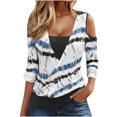 thumbnail image 2 of RXIRUCGD T-shirt à Manches Longues pour Femme, Rayé Imprimé, Épaules Dénudées, Décontracté, Col en V, Faux Deux-Pièces, Bleu, Taille : L, 2 of 6