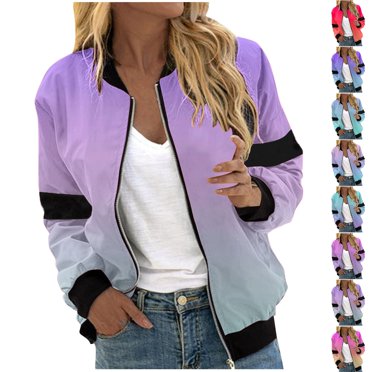 Feancey Bomber Jackets for Women Lightweight Zip up Windbreaker Jacket Dressy Trendy Gradient Printed Flight Jackets Thin Coat with Pockets Red XL