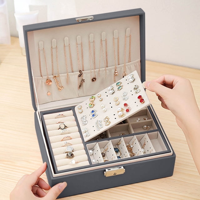 LSLJS Jewelry Organizer Box Leather Large Jewelry Boxes Earrings Holder Organizer Storage Case Double Layer Display with Removable Tray Elegant Jewelry Box