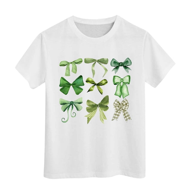 T-shirts Filles Été Col Rond Manches Courtes Imprimé Nœud Papillon Coupe Décontractée Basiques Hauts Filles Blanc 3-4 Ans