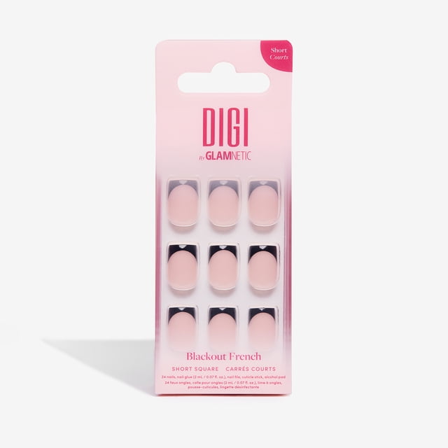 Digi by Glamnetic Ongles Autocollants Occultants Français Comprenant 24 Faux Ongles Courts Carrés avec Pointes Françaises Noires et Fini Lustré, Présentés dans un Emballage Dégradé Rose Incluant Colle pour Ongles, Lime, Bâtonnet pour Cuticules et Lingette à l'Alcool pour une application Facile et un Port durable.