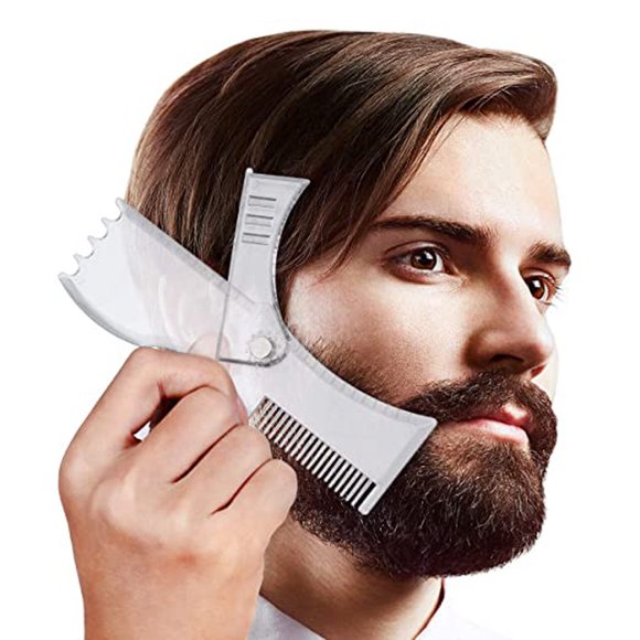 Men's Beard Shaping Tool With Inbuilt Comb Transparent Template Styling Comb Templates for Goatee Mustache Sideburns, Jaw Cheek/Neck Line, Symmetric/Curve/Step Cut, #2
