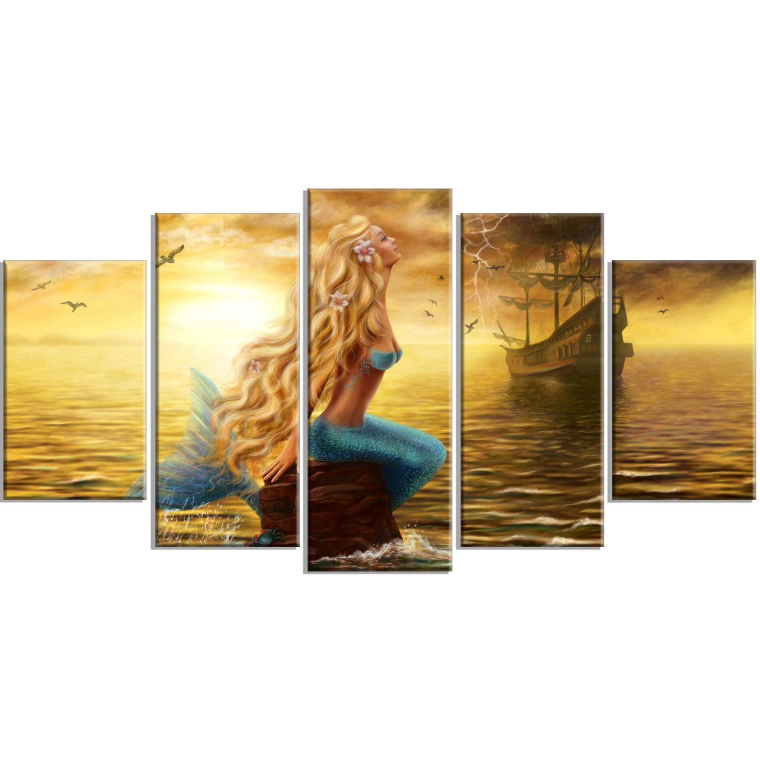 Design Art Sea Mermaid with Ghost Ship Seascape Digital Canvas Print