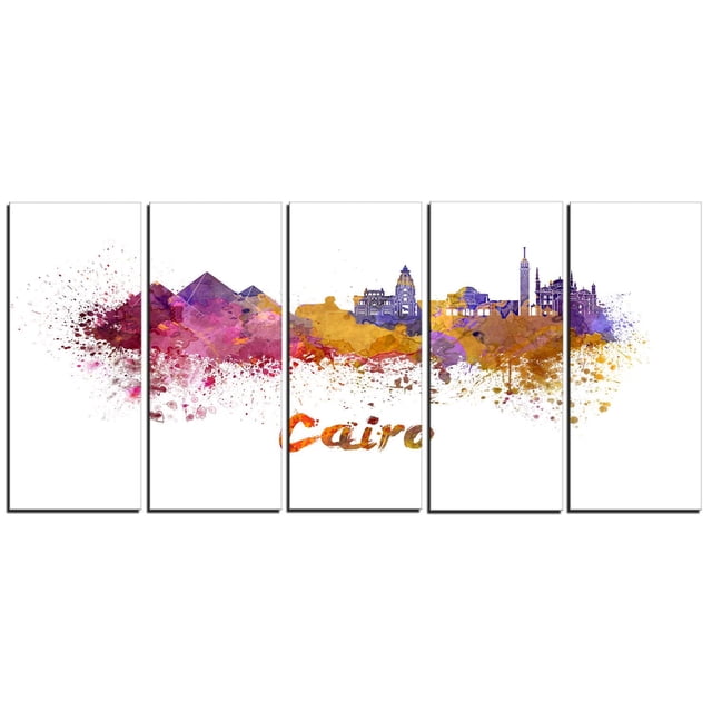 Design Art Cairo Skyline Canvas Print, a five-panel gallery wrapped cotton canvas wall art featuring a watercolor-style depiction of Cairo's skyline with pyramids and city buildings in purple, orange, and red tones, ready to hang with included kits, ideal for home décor.