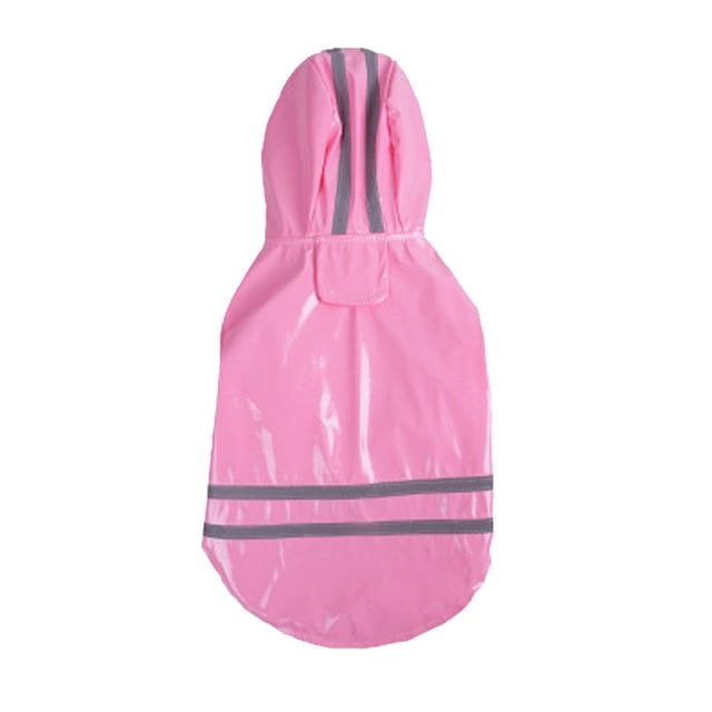 Imperméable à Capuchon pour Chien, Manteau Imperméable pour Chiot, Veste d'Extérieur en Matériau PU Rose. l'Imperméable Présente une Capuche et des Rayures Grises Réfléchissantes pour la Visibilité. Conçu pour les Chiens, Il Offre une protection contre la Pluie Lors des Activités Extérieures.