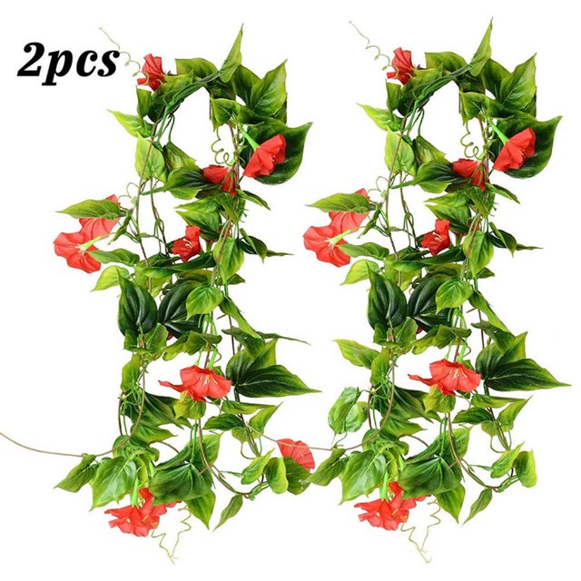 2pcs Artificial Vine Morning Glory Hanging Fake Foliage Home Decor Simulation Vine Plant Red