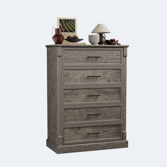 Farmhouse 5 Drawer Dresser for Bedroom, Tall Chest of Drawers with Metal Handles, Rustic Wooden Dresser TV Stand, for Living Room, Hallway, Grey