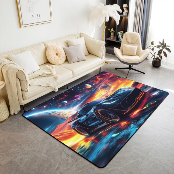 Erosebridal Kids Boys Sports Car Carpet 4'11" x 3'3",Cosmos Outer Space Universe Area Rug Race Car Room Decor,Stars Racing Cars Decorative Washable Rug,Cool Speed Race Sports Car Indoor Floor Mat