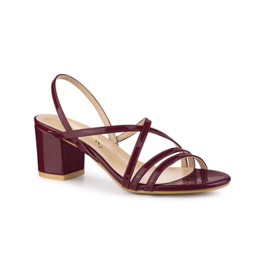BLISSFUL STEP Women's Strappy Slide Sandals Elastic Slingback Open Toe Block Heel Sandals Burgundy 8.5