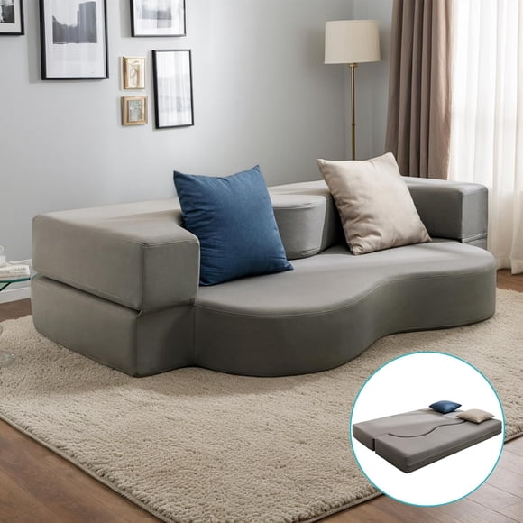 Puremind 2 in 1 Folding Sofa Bed, Full Size Convertible Sleeper Couch, Futon Sofa Bed for Small Spaces/Living Room/Guest Room, No Assembly Required, Light Gray