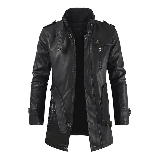 EGNMCR Jackets for Men Men Mid-length Solid Artificial Leather Stand Collar Slim Jacket