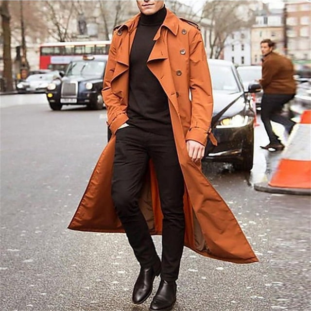TIMIFIS Men's Full Length Trench Coat Long Wool Overcoat Winter Windbreaker-Orange - Fall
