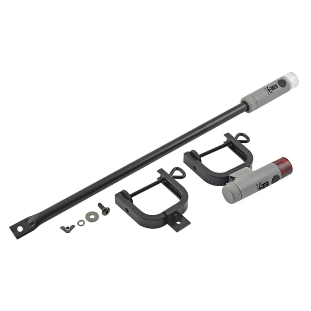 Portable LED Clamp-On Bow & Stern Navigation Light Combo, Battery Operated, Low Amp Draw, Dual Mount Included, Versatile Marine Lighting Solution a centered clamp-on marine lighting set with a bi-color bow LED showing red and green lenses beside a 360-degree white stern LED, textured plastic housings with durable clamps and visible battery compartments for 3 AAA batteries (not included); highlights portable clamp-on navigation lights suitable for temporary mounting and often used as backup or auxiliary lighting on small boats.