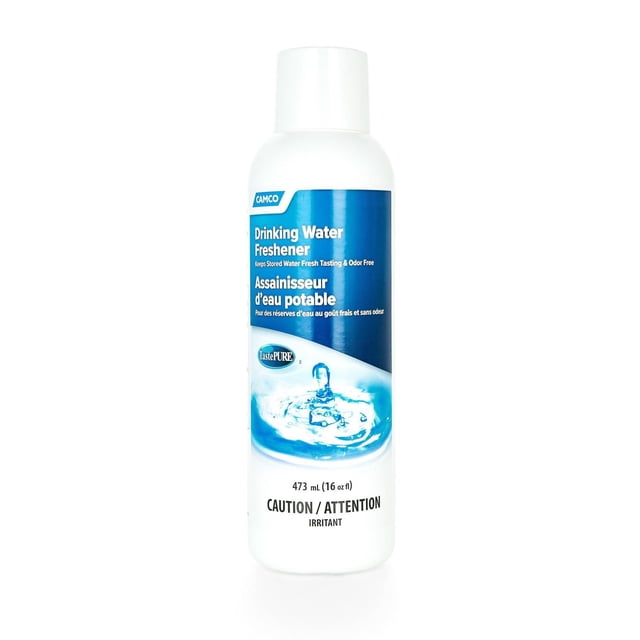 Camco Drinking Water Freshener, 16 oz. bottle with blue and white label featuring water splash graphic, formulated to eliminate algae and slime buildup in RV fresh water tanks, keeping stored water fresh tasting and odor-free.