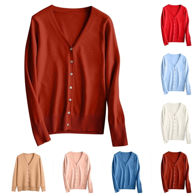 Fartey Women's Fall Cardigan Loose Casual Long Sleve Button Down Neck Classic Sweater Soft Comfy Front Open Fall Solid Color Simple Knit Cardigans Blue S-3XL