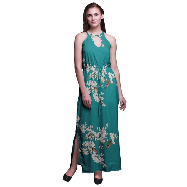 Bimba Bird Women Printed Crew Neck Side Slits Halter Dress Long Evening Gown-X-Small