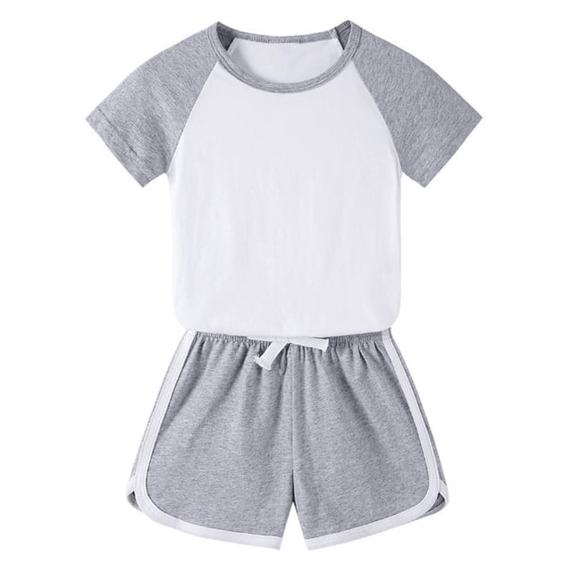 MKOSPLRT Workout Sets for Kid 12M-11Y Color Block Running Outfits Short Sleeve Raglan Shirts Drawstring Waist Track Shorts Sports Outfits