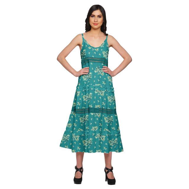 Moomaya Robe Longue Maxi Imprimée pour Femmes Sans Manches à Col en V Décontractée Évasée Kurta