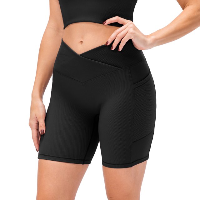 Women Yoga Shorts with Pockets Ribbed High Waist Push up